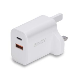 LINDY 73425 30W USB Type A & C Charger UK Plug, 3A, Power Delivery 3.0 + PPS, 2 Output Connectors (USB, 24 pin USB-C), White
