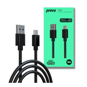 Prevo USBA-USBC-2M Data Cable, USB 2.0 Type-A (M) to USB 2.0 Type-C (M), 2m, Black, Fast Charging up to 2.1A / 5V, Nickel Plated Connectors, Superior Design & Performance, Retail Box Packaging
