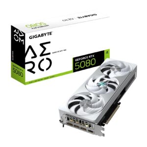 Gigabyte NVIDIA GeForce RTX 5080 AERO OC SFF 16GB GDDR7 Graphics Card, 10752 CUDA Cores, 2730 MHz Core Clock, Triple Fan, White, RGB, 3x DisplayPorts / 1x HDMI Ports