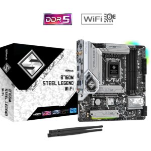 ASRock B760M Steel Legend WiFi Intel 1700 Socket Motherboard, Micro-ATX, 4x DDR5 Slots, 3x M.2 Sockets, Fitted I/O Shield, 2.5GbE LAN, Wi-Fi 6E, 1x DisplayPort / 1x HDMI Port