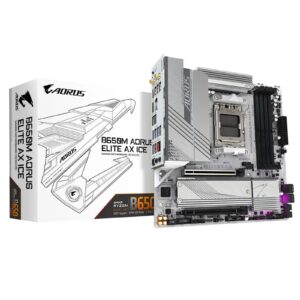 Gigabyte B650M AORUS ELITE AX ICE AMD AM5 Socket Motherboard, Micro-ATX, 4x DDR5 Slots, 2x M.2 Sockets, Fitted I/O Shield, 2.5GbE LAN, Wi-Fi 6E, 1x DisplayPort / 1x HDMI Port